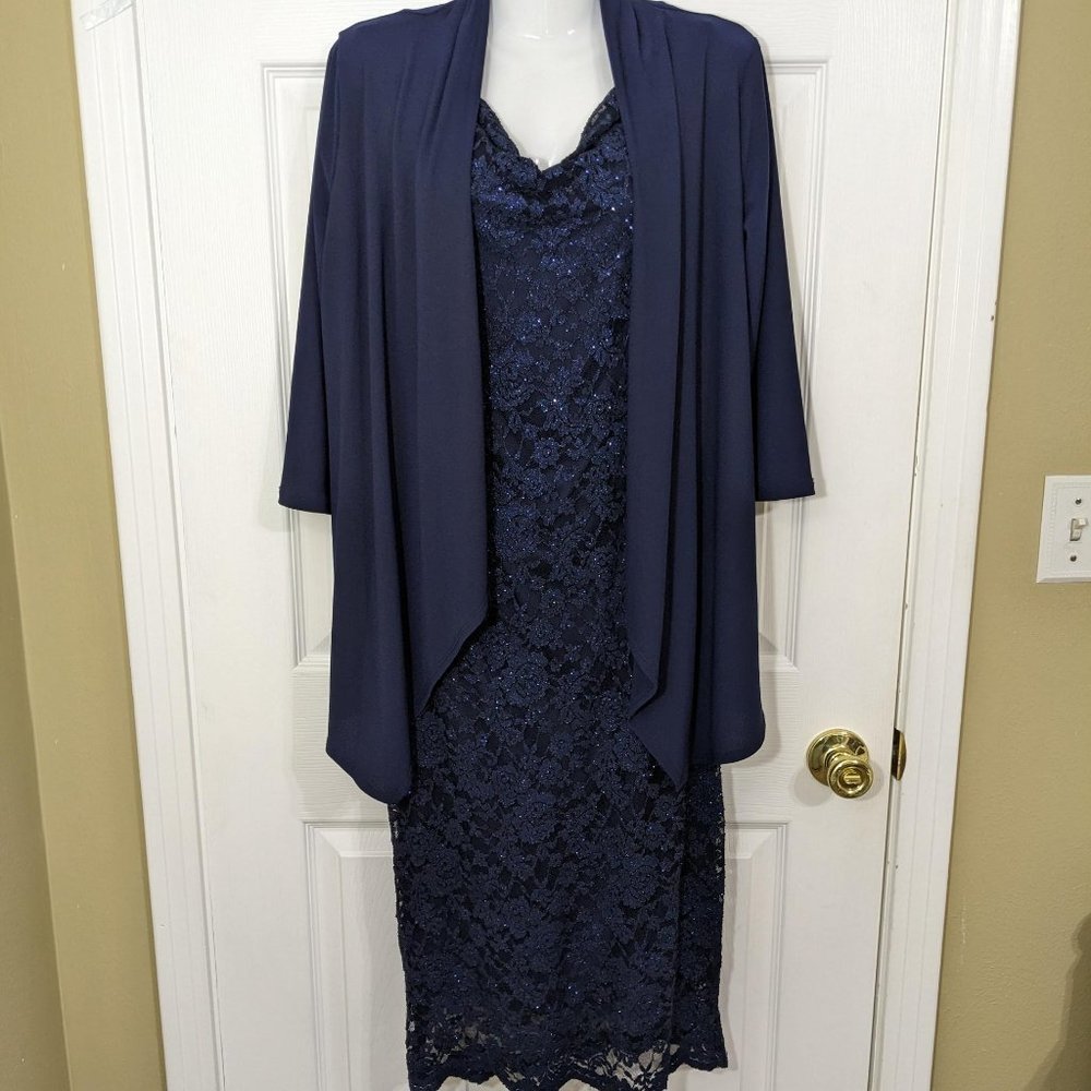 ONYX Nite Midnight Blue Stretch Lace Glitter Dress & Ashley Blue Blazer - 12 & S
